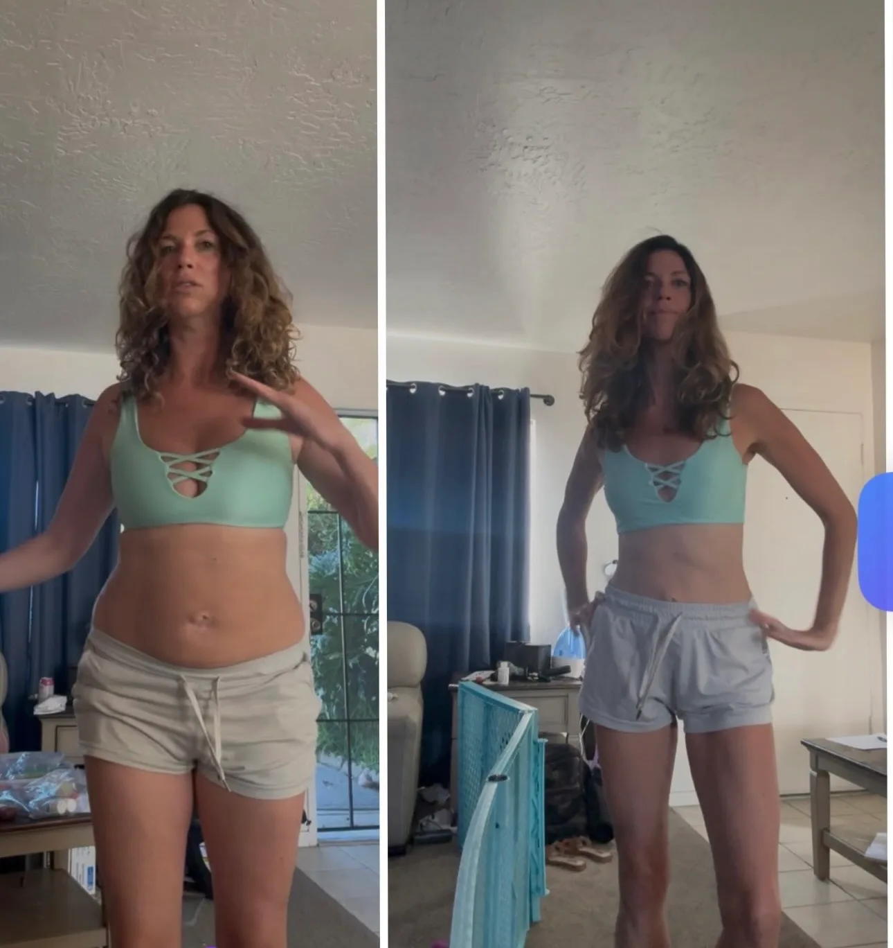 Amy Cheri, back-view before and after photos in a black sports bra and black shorts.