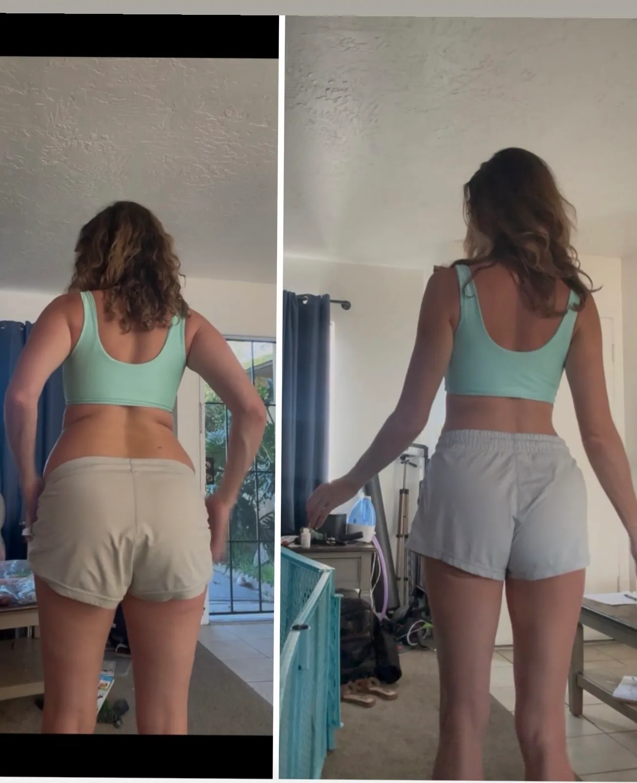 Amy Cheri, front-view before and after photos in a black sports bra and black shorts.