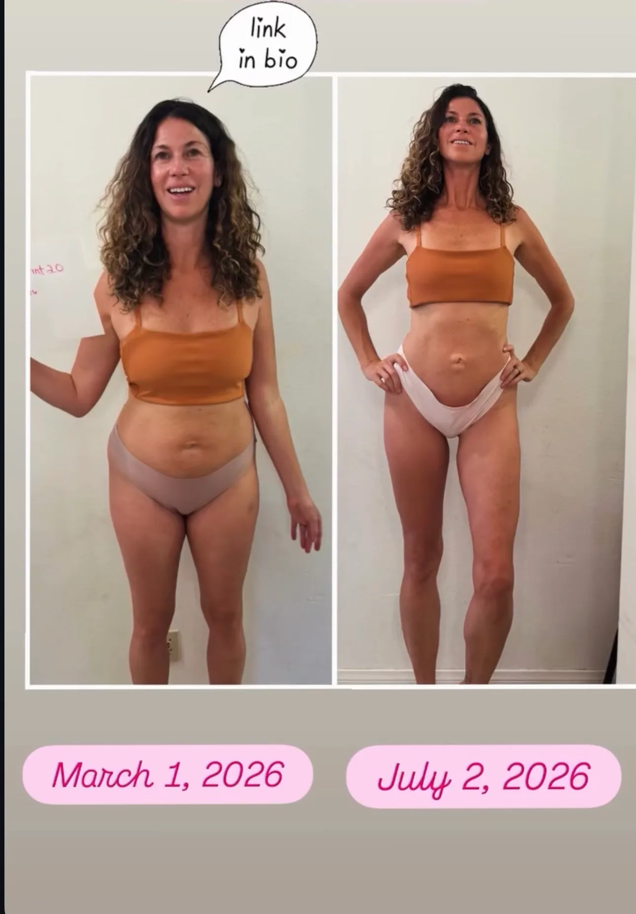 Amy Cheri, side-by-side mirror photos dated March 1, 2026 and July 2, 2026, wearing a black sports bra and black leggings.